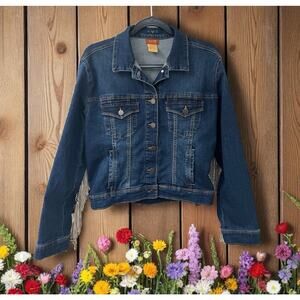 Scully women's blue Denim jean Jacket With Rhinestone Fringe stretch Size Medium